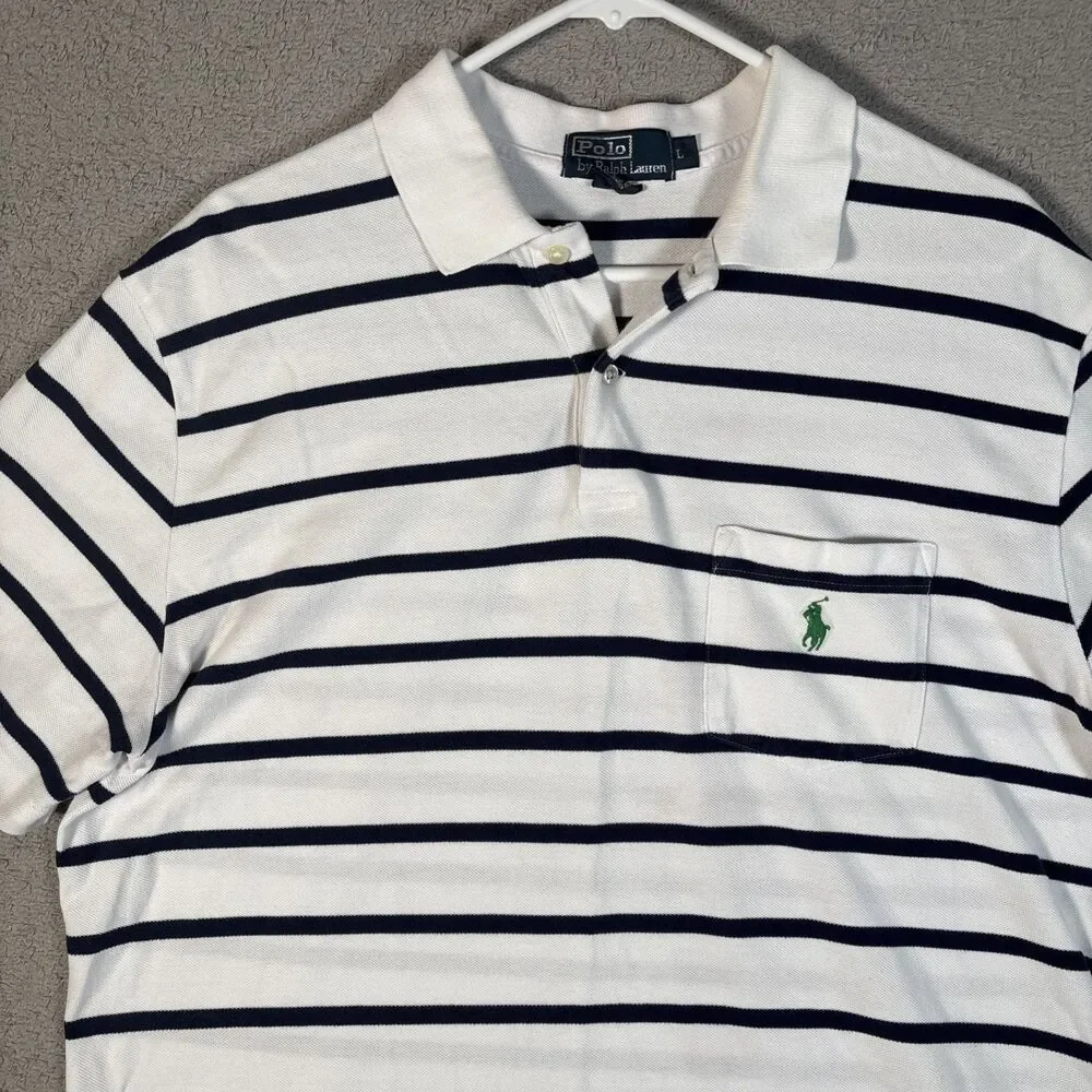 Polo By Ralph Lauren Polo Shirt Men’s Size L White Navy Blue Stripes Green‎ Pony